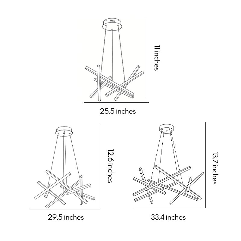 Dimensional drawings of three geometric ceiling lamp products.